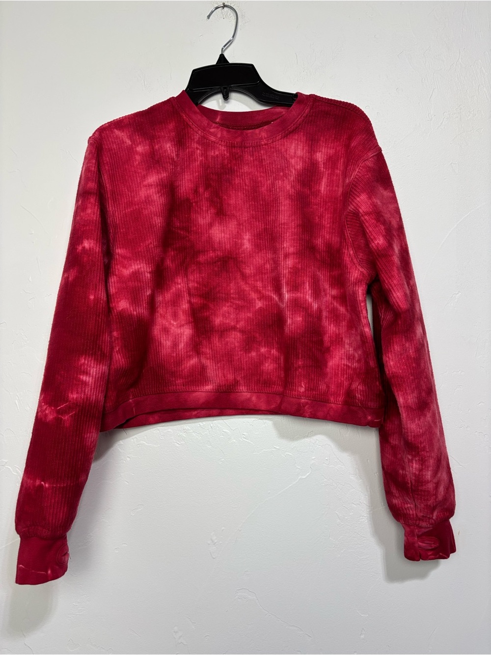 Women's Red/Pink Tie-Dye Ribbed Cropped Pullover Sweatshirt Crew Neck Size S